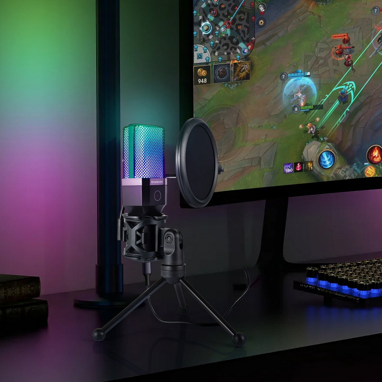 Simplecom UM650 USB Cardioid Condenser Microphone Gaming RGB Lights with Tripod & Pop Filter